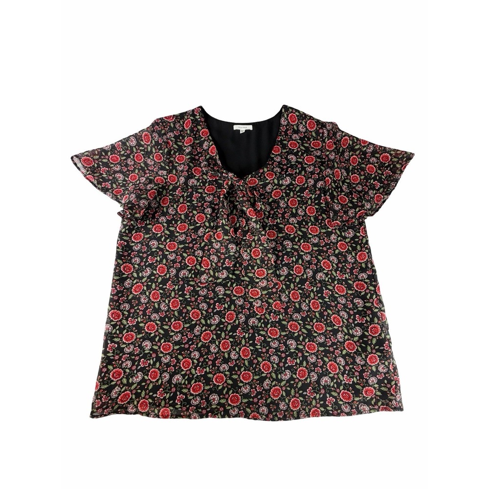 Pleione XL Black & Red Floral Tie Neck Flutter Sleeve Blouse Women's Casual EUC